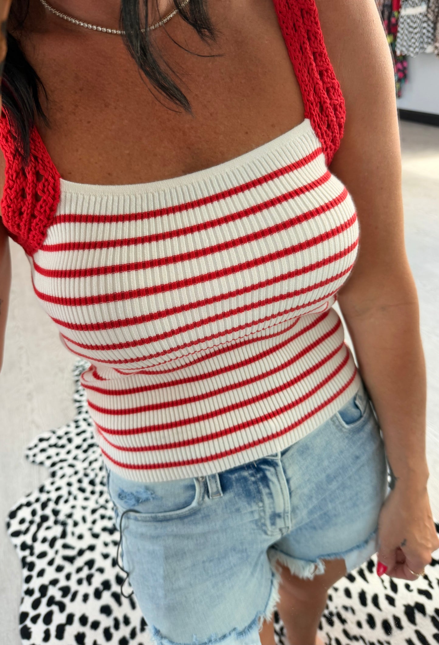 Crochet Strap Striped Knit Tank