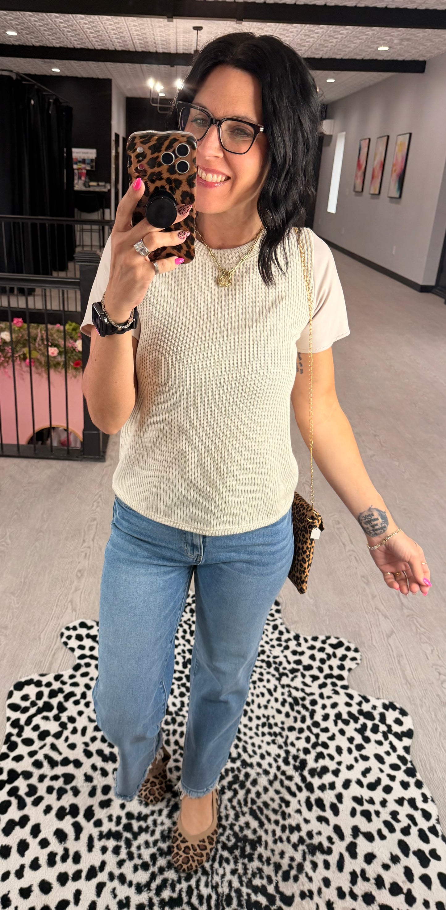 Faux Leather Sleeve Accent Top