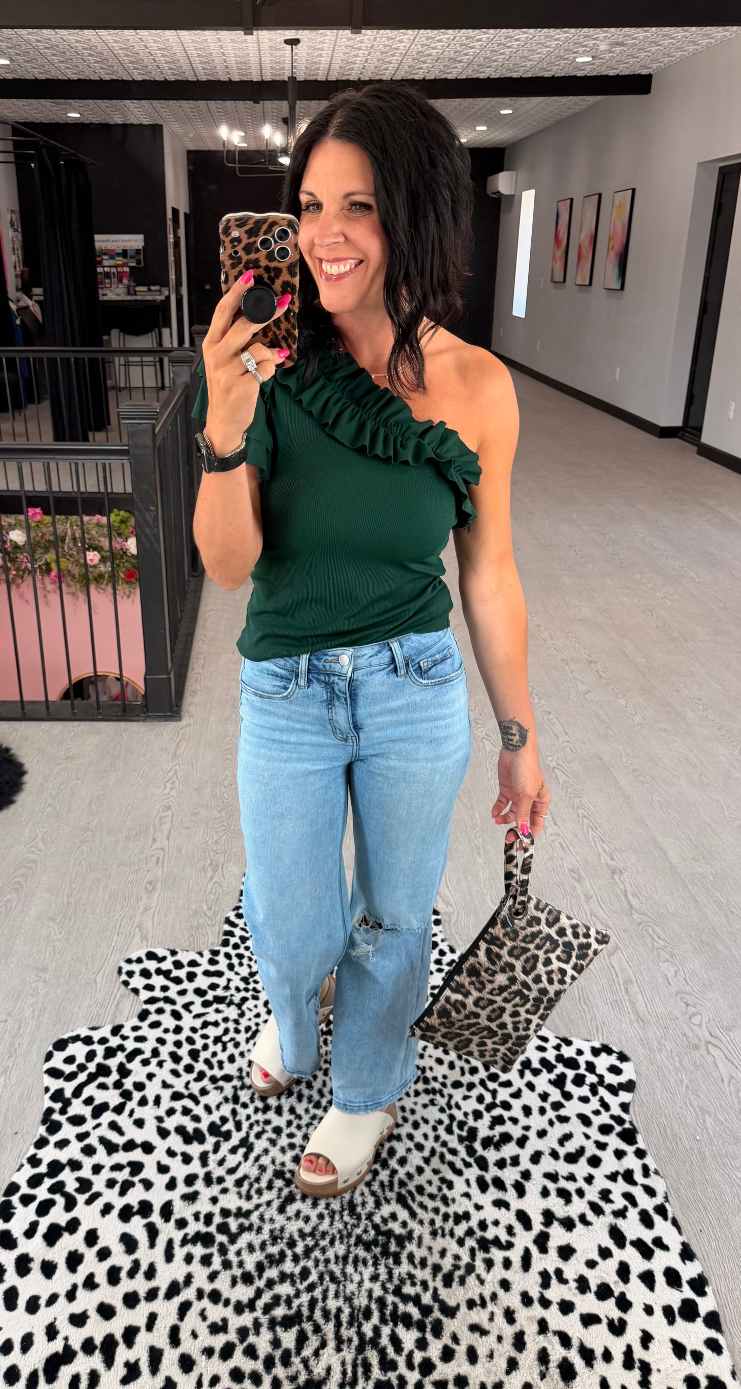 Green One Shoulder Ruffle Top