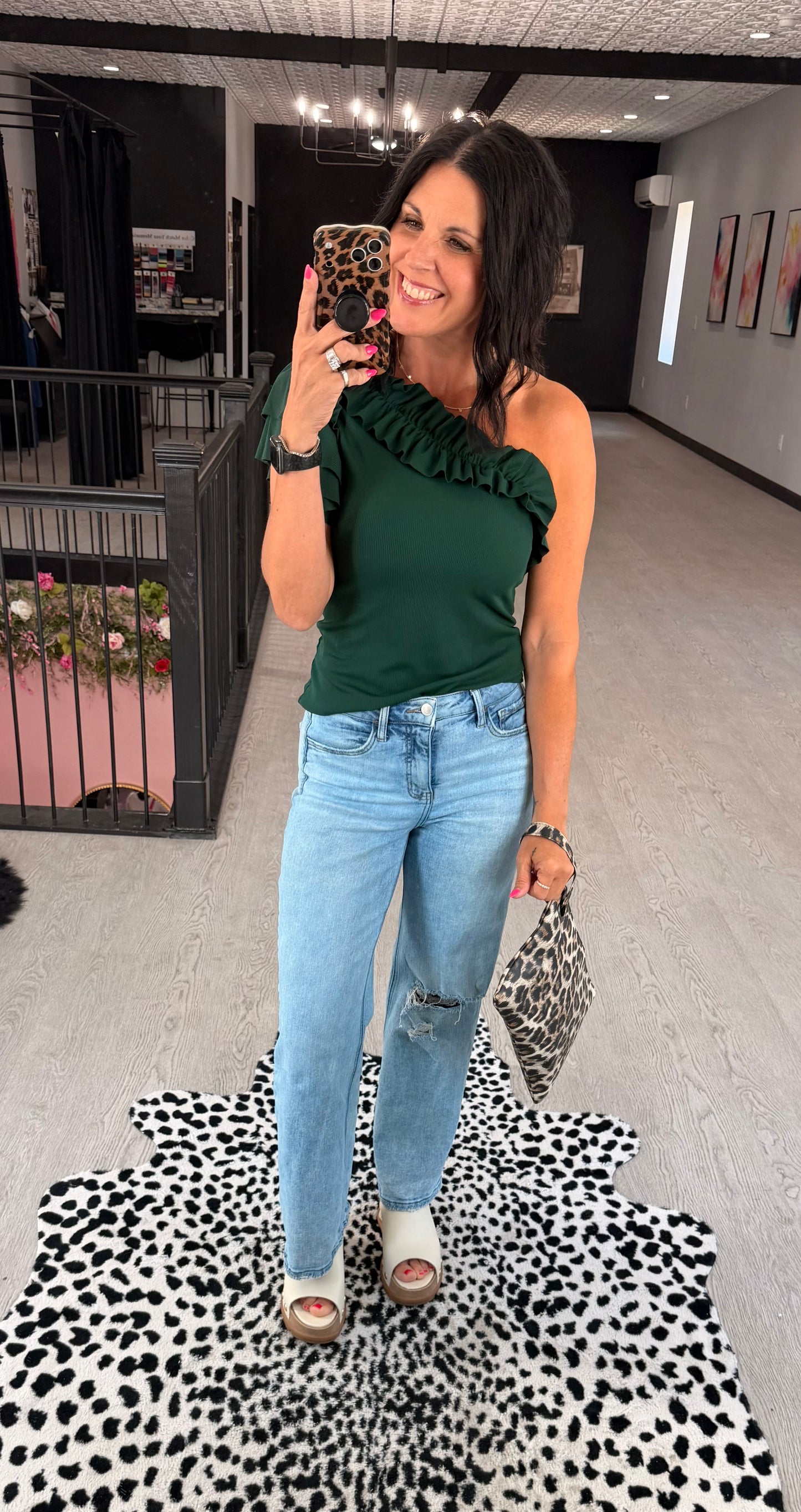 Green One Shoulder Ruffle Top