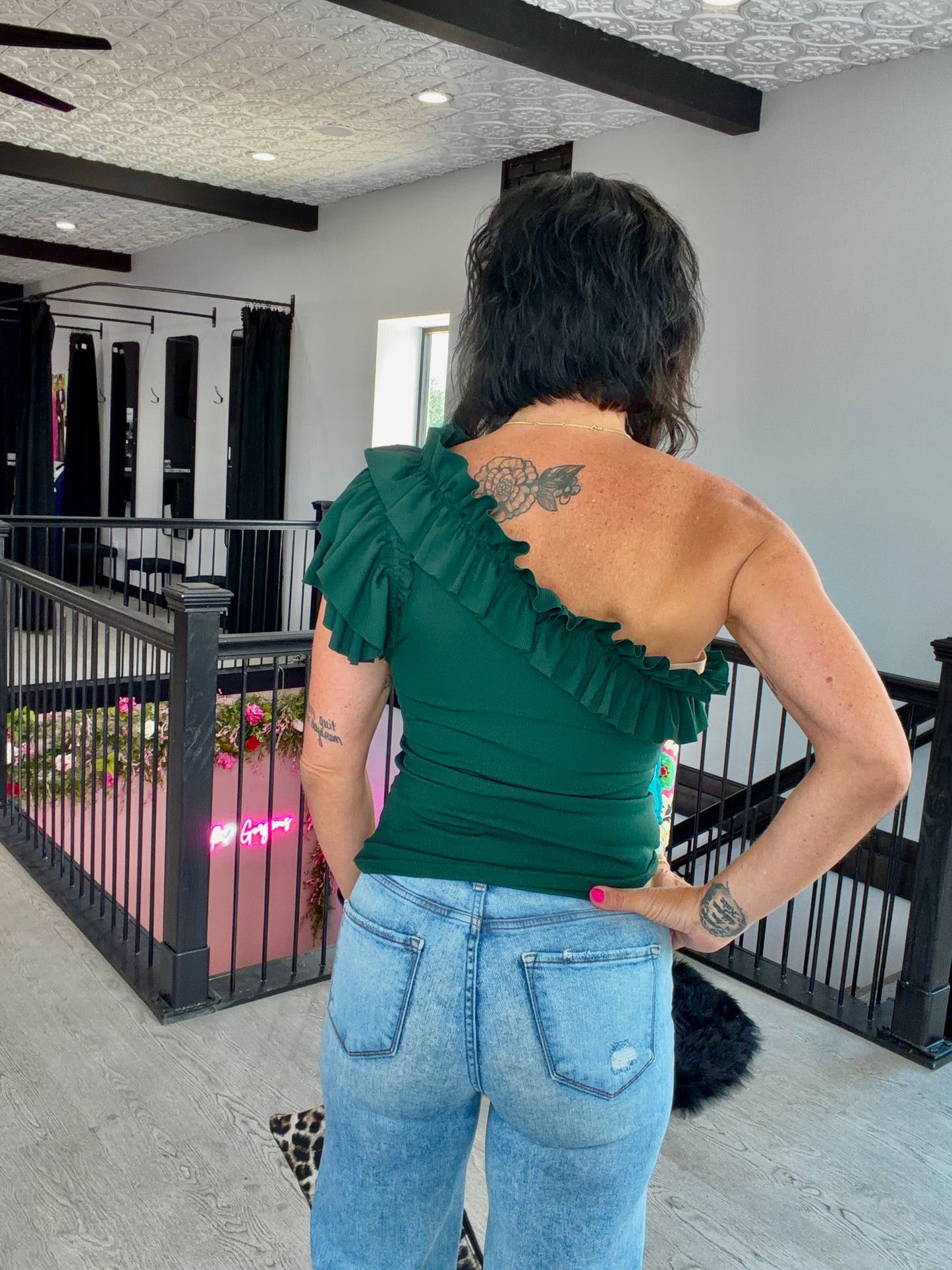 Green One Shoulder Ruffle Top