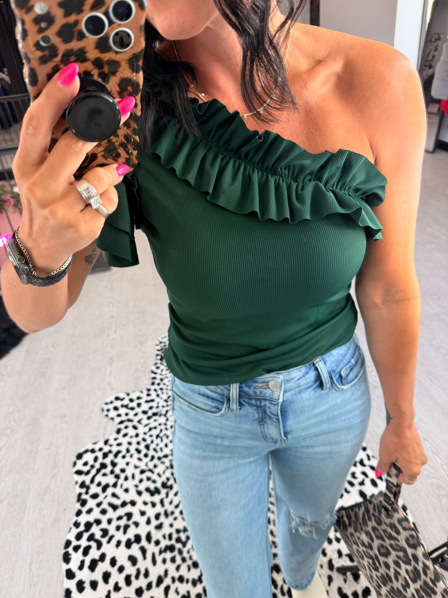 Green One Shoulder Ruffle Top