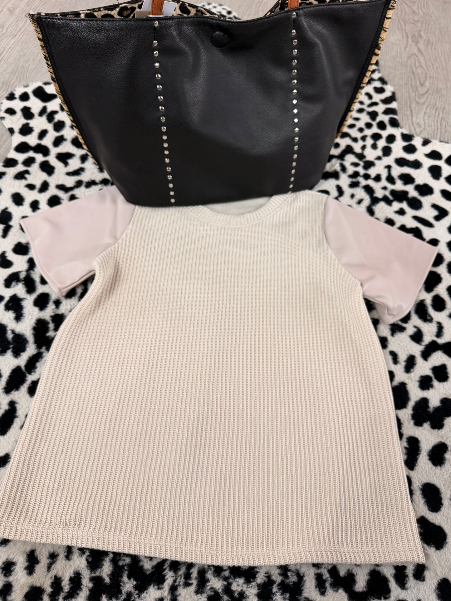 Faux Leather Sleeve Accent Top