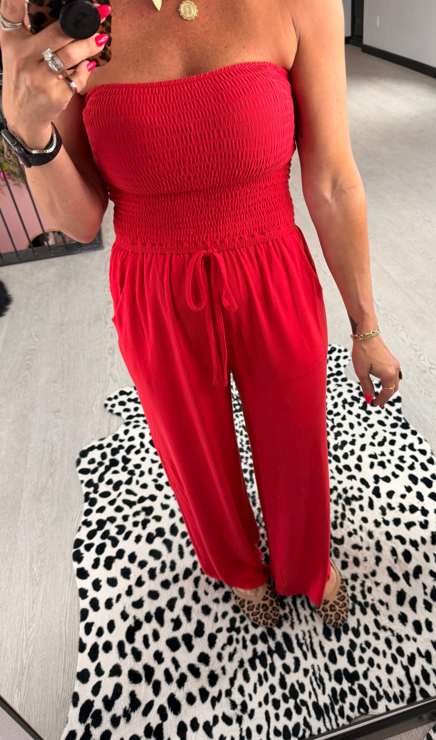 Smocked Strapless Jumpsuit