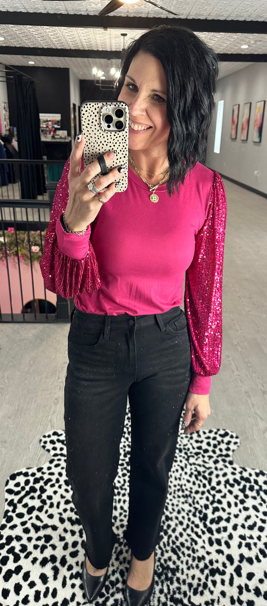 Magenta Sequin Sleeve Top