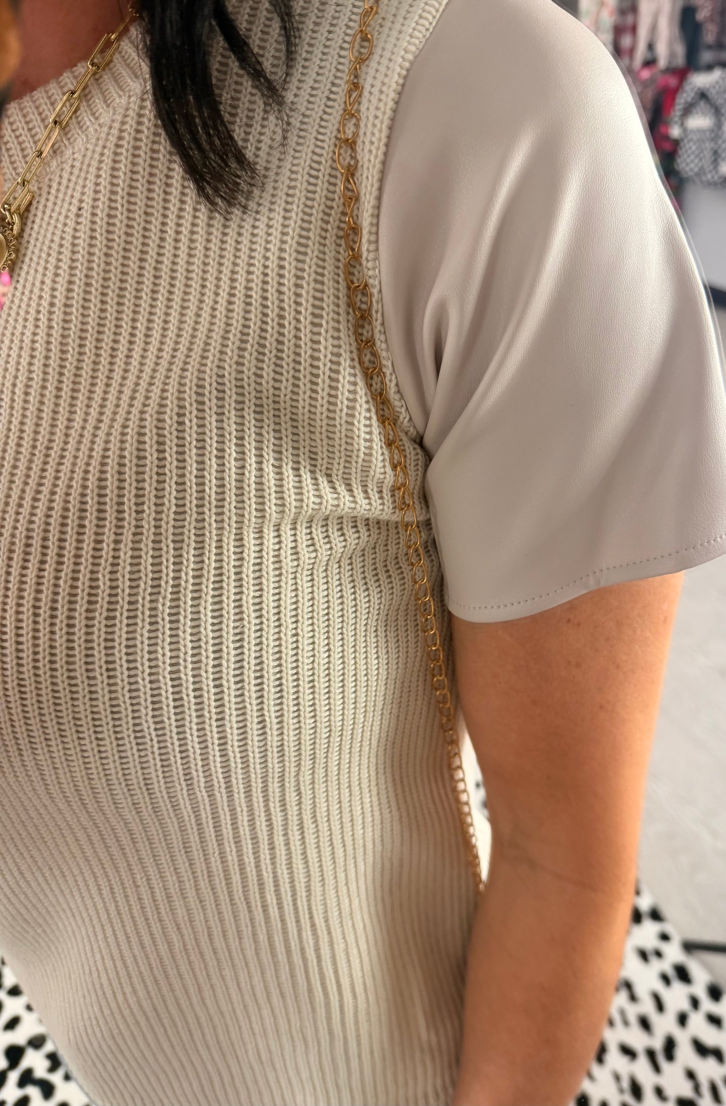 Faux Leather Sleeve Accent Top