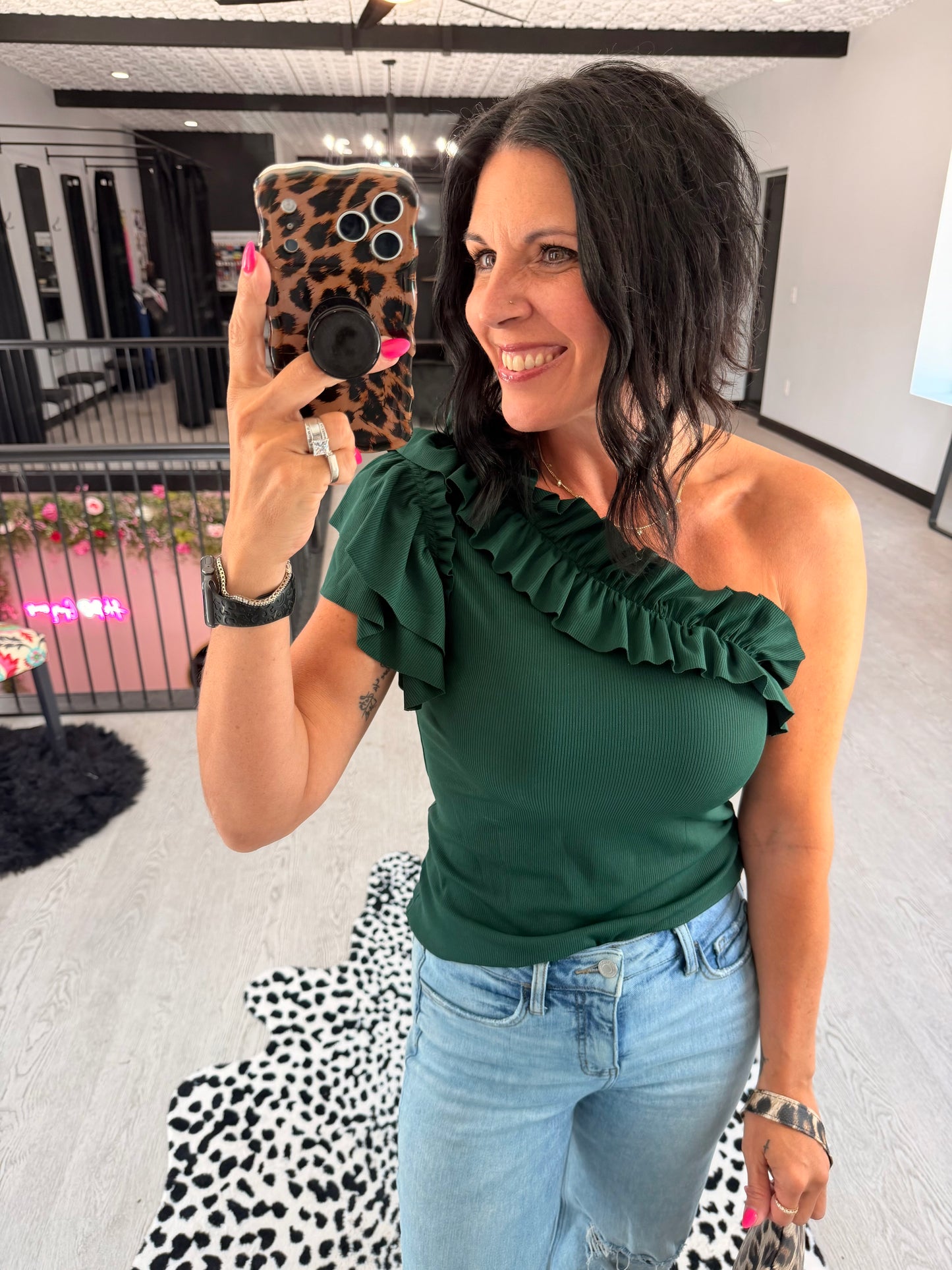 Green One Shoulder Ruffle Top