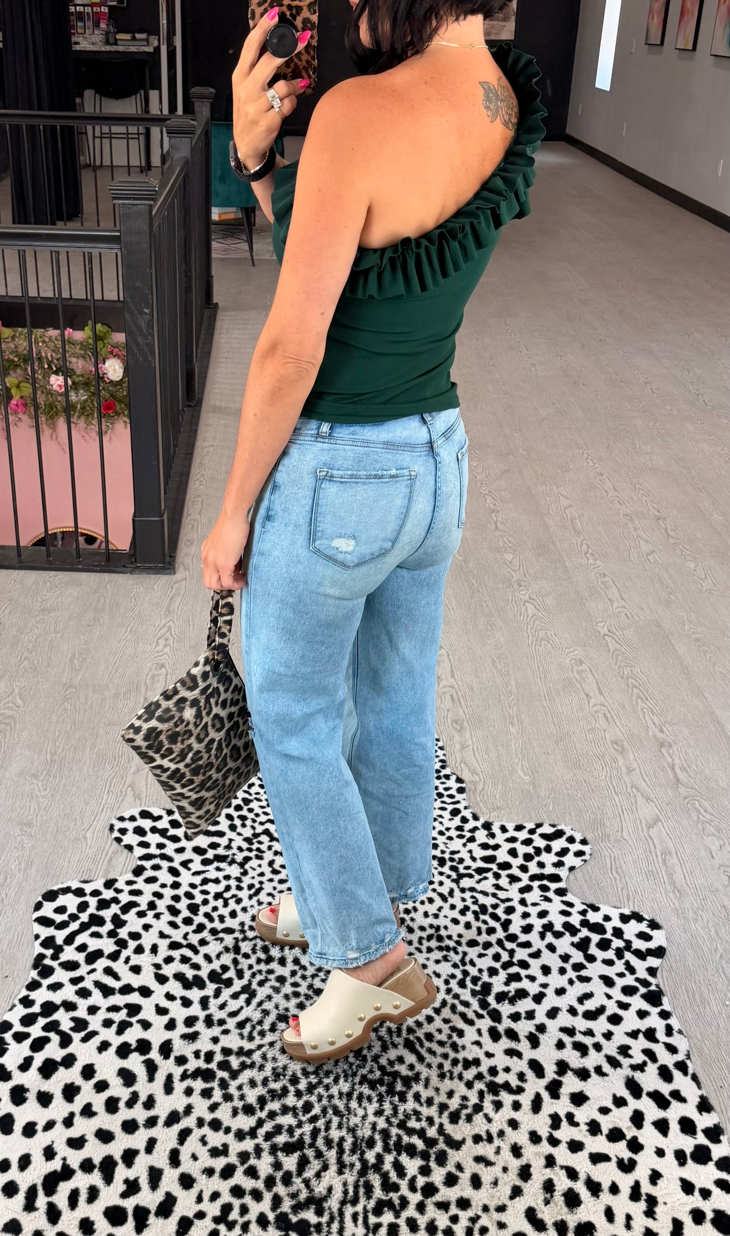 Green One Shoulder Ruffle Top