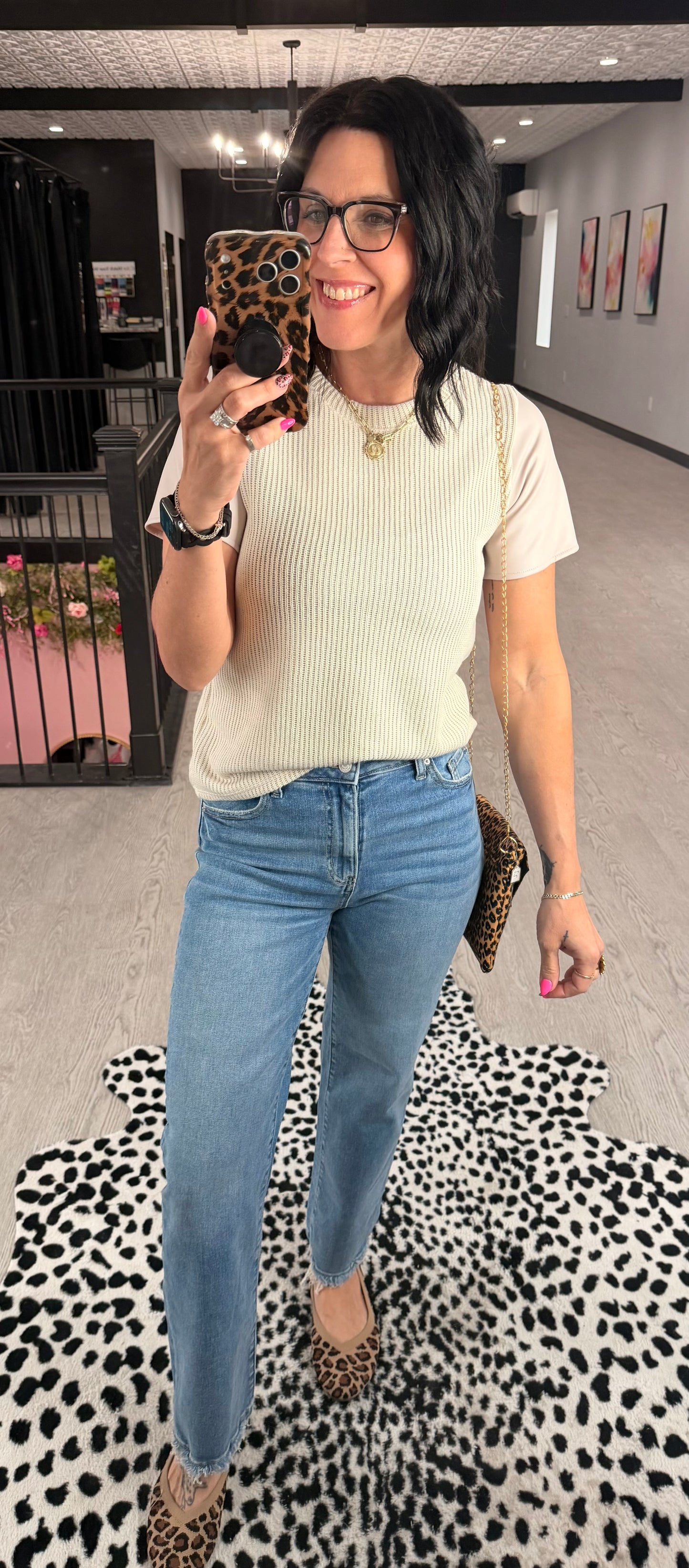 Faux Leather Sleeve Accent Top