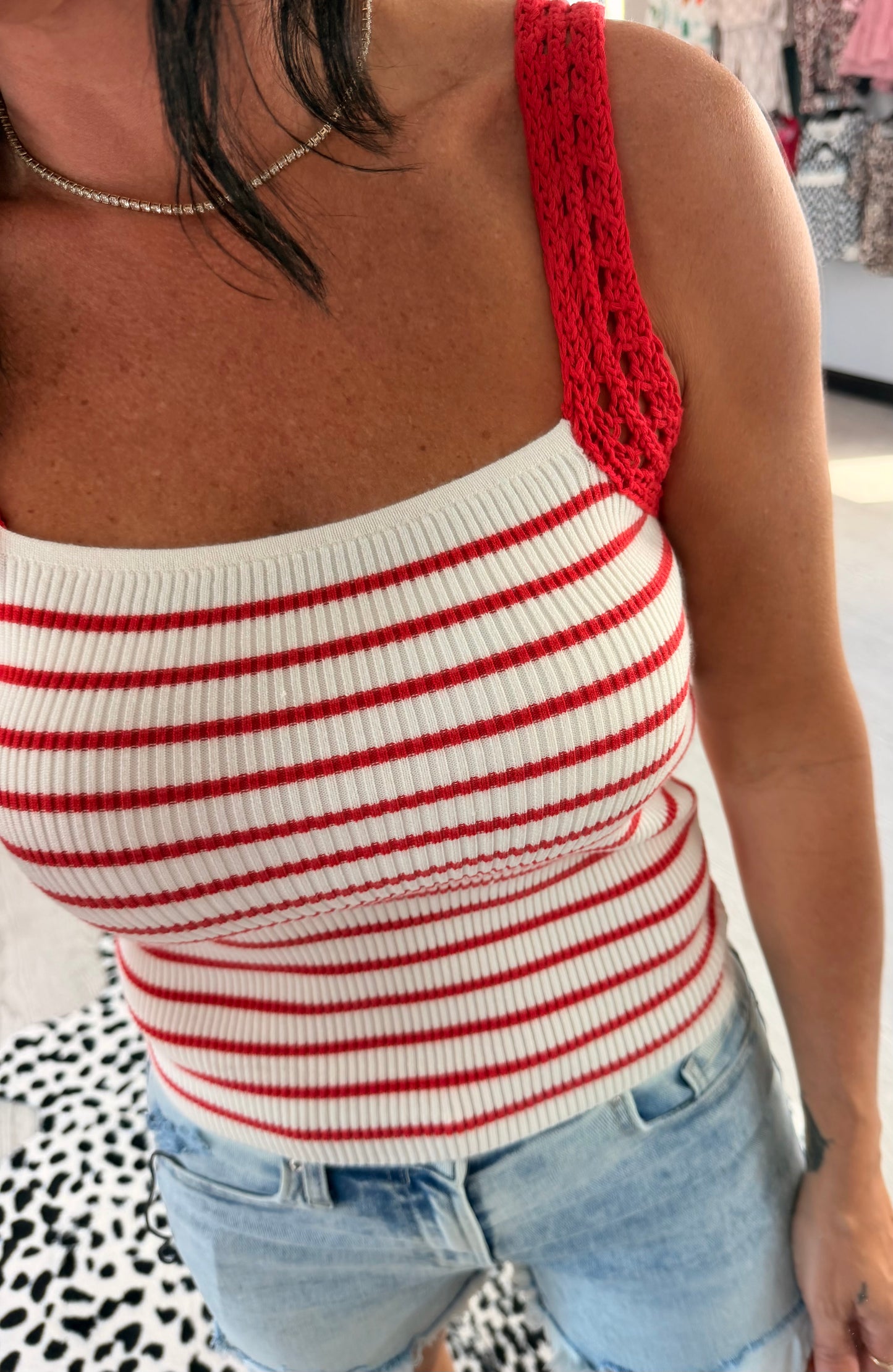 Crochet Strap Striped Knit Tank