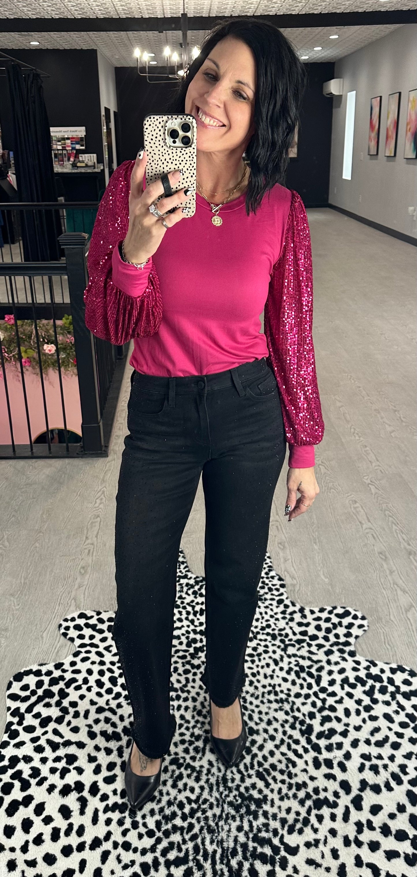 Magenta Sequin Sleeve Top