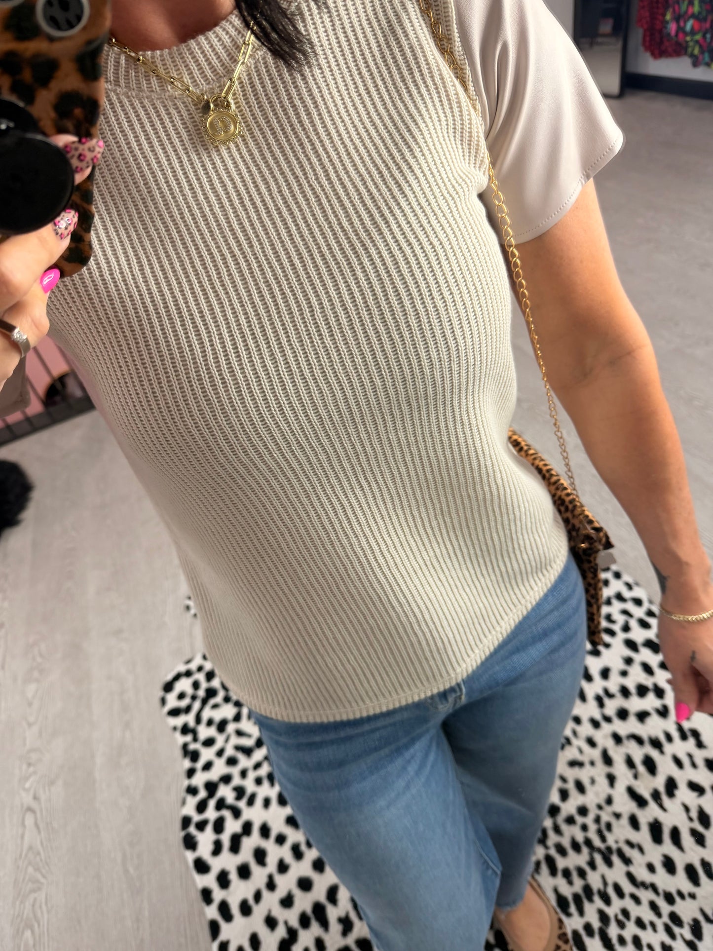 Faux Leather Sleeve Accent Top