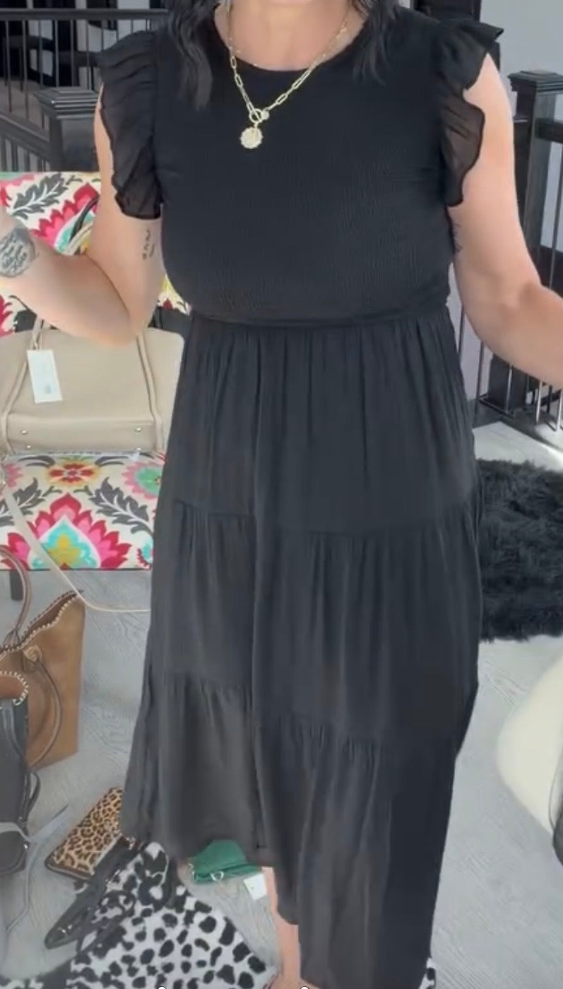 Woven Smocked Ruffle Sleeve Midi Dress