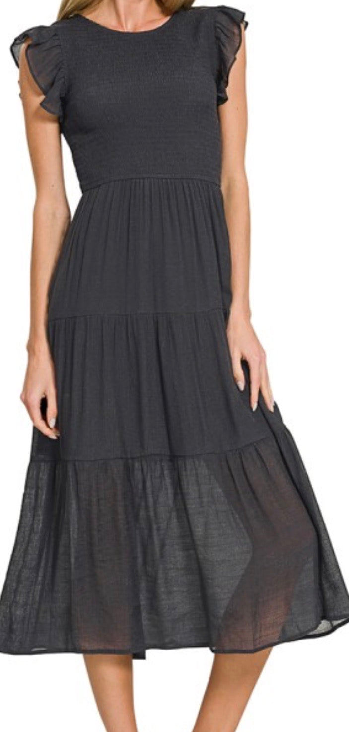 Woven Smocked Ruffle Sleeve Midi Dress