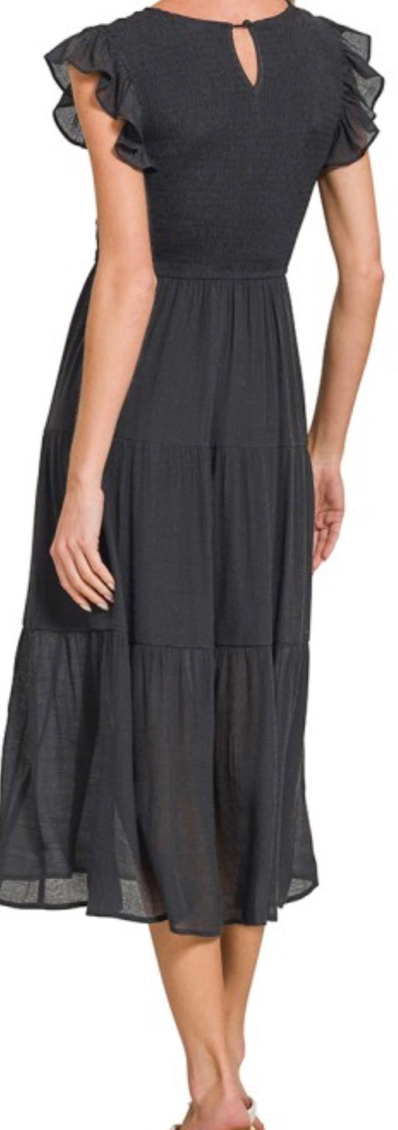 Woven Smocked Ruffle Sleeve Midi Dress