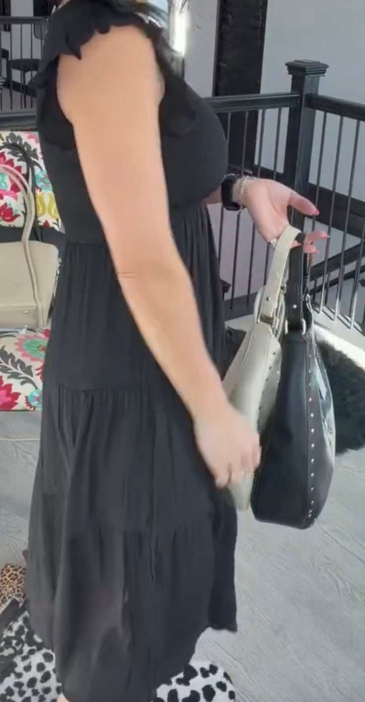 Woven Smocked Ruffle Sleeve Midi Dress